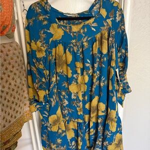 Blue Floral Scoop-Neck Women's dress with Mustard Blooms